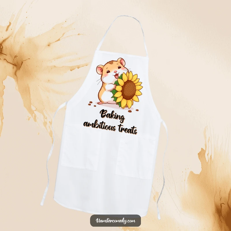 Funny hamster seed struggle apron, featuring a tiny hamster and a giant sunflower seed. Funny kitchen gift.