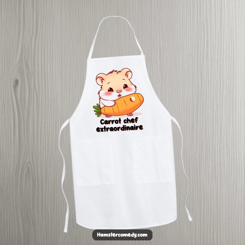 Funny apron design of a curious hamster enthusiastically munching on a huge carrot, adding a humorous touch to kitchen wear.