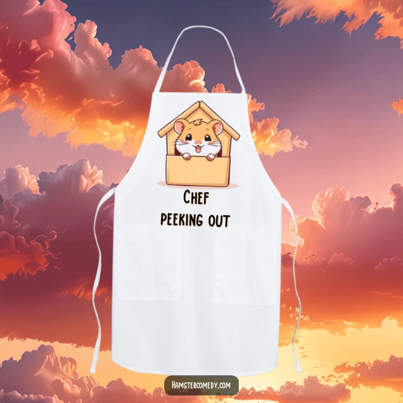 Funny hamster apron, peeking from a cardboard house with glee, ideal for cooking and baking, a practical and humorous gift.