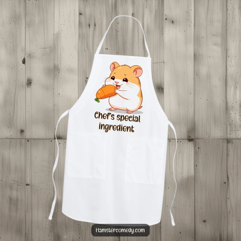 Funny hamster carrying a large carrot, determined look, kitchen apron, ideal funny gift.