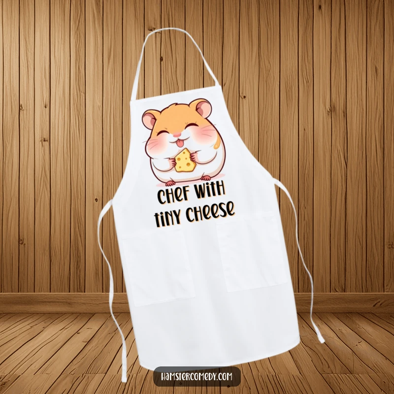 Funny hamster apron, eyes closed, happily munching cheese, ready for kitchen fun with a tiny treat.