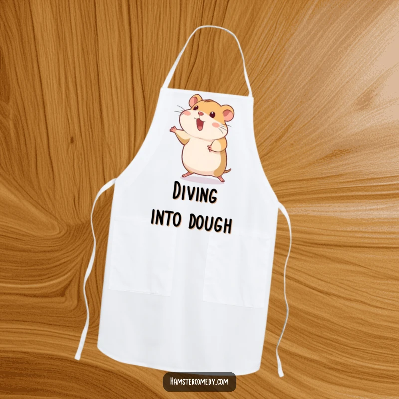 Funny hamster hopping, back legs stretched, humorous kitchen apron, ideal funny gift.