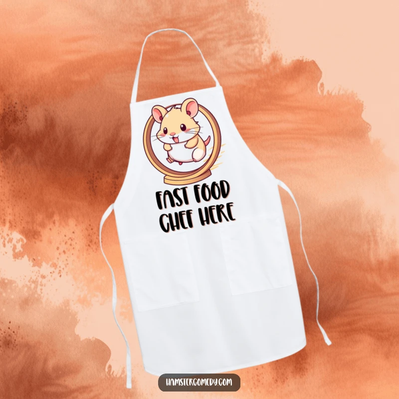 Funny apron depicting a kawaii hamster running at high speed on a hamster wheel, ready for kitchen fun.