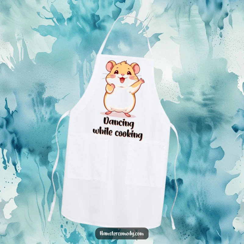 Funny hamster illustration on an apron, doing a happy dance with paws in the air, adding humor to kitchen tasks.