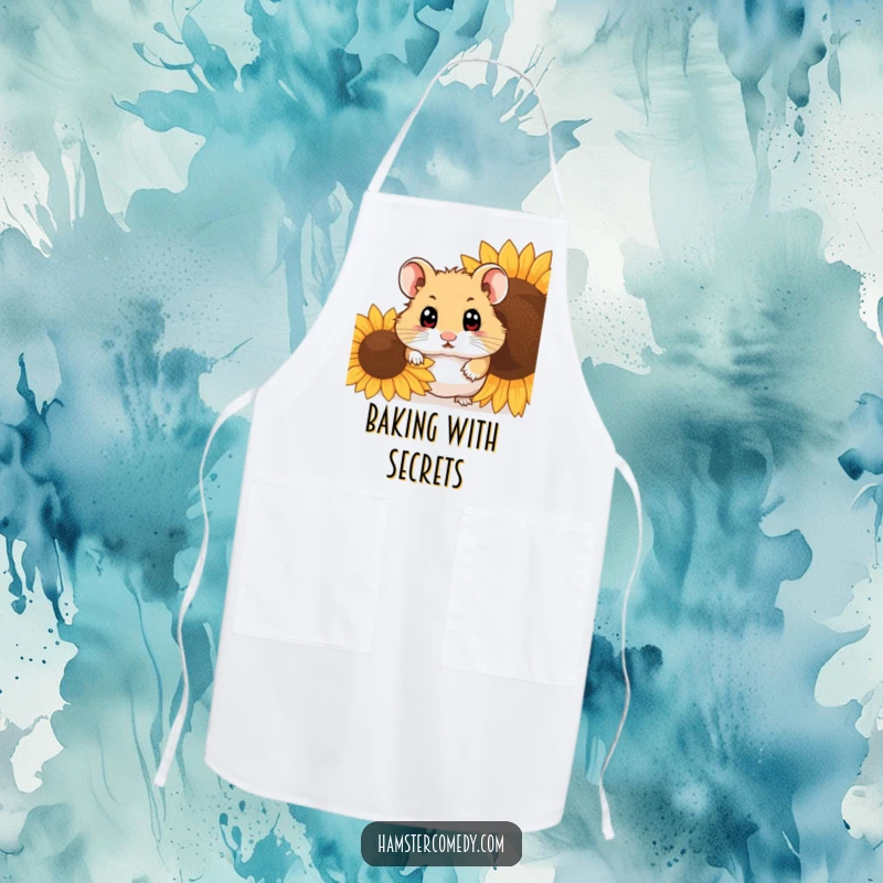 Funny hamster peeking from behind a sunflower seed, wearing an apron, great for kitchen fun, great gift.