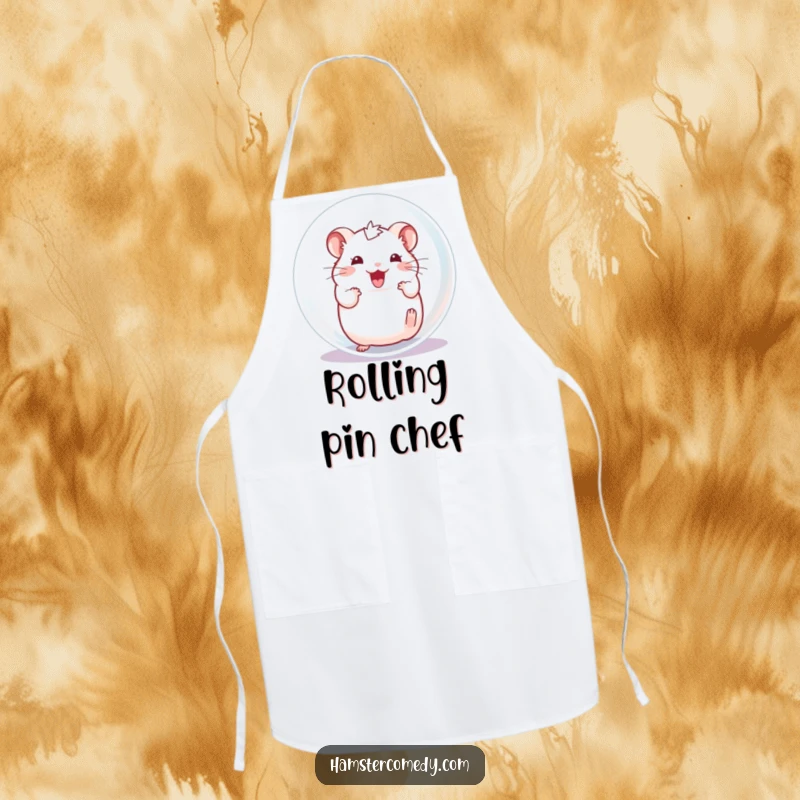 Funny Hamster Apron, showing an excited character happily rolling inside a transparent ball, great for kitchen fun.