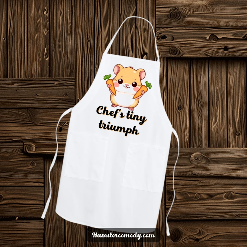 Funny apron with a hamster proudly holding two carrots, perfect for kitchen tasks and celebrating delicious outcomes.