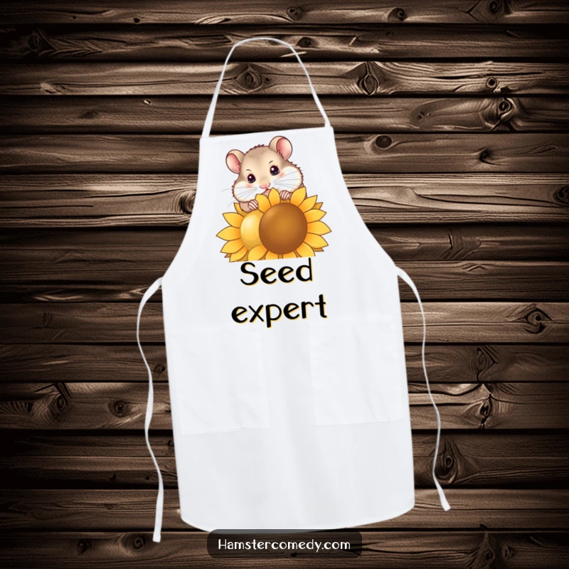 Funny hamster apron showing a cute hamster curiously nibbling a giant sunflower seed, designed for kitchen fun and protecting clothes.