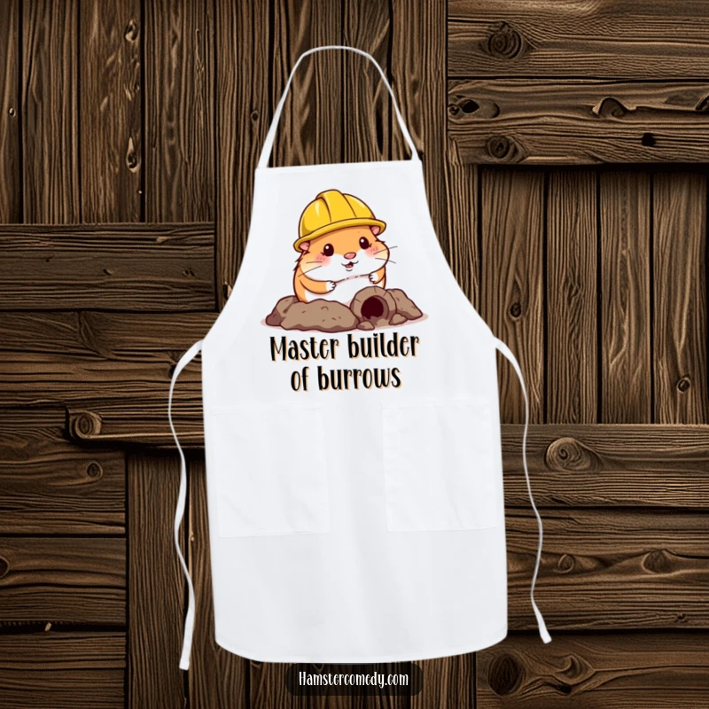 Funny Hamster Apron: A hamster wearing a construction helmet humorously digs a small tunnel, perfect for funny and functional kitchen wear.