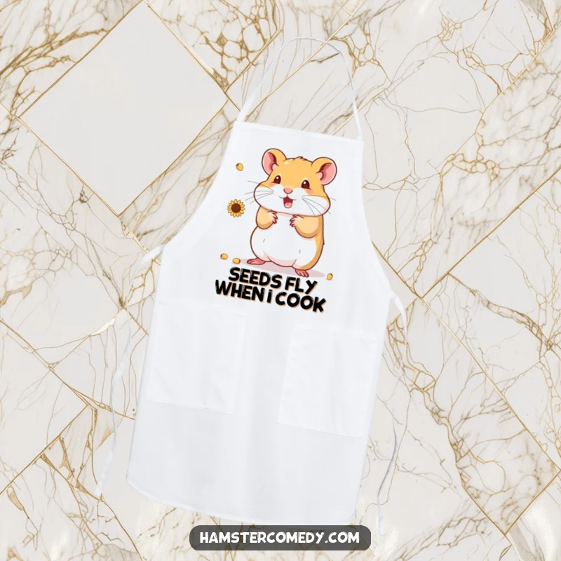 Funny Hamster Apron showing a skilled hamster juggling sunflower seeds while cooking, bringing humor to the kitchen.