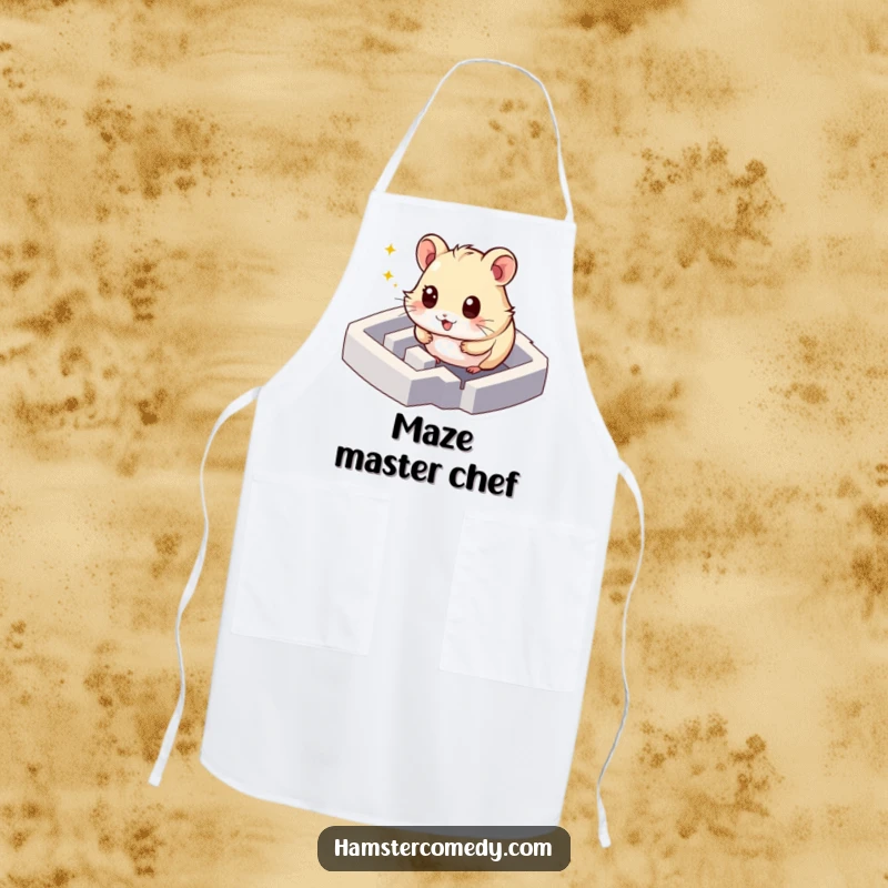 Funny hamster maze apron showing a character exploring, ideal for chefs and home cooks with a curious spirit, practical gift.