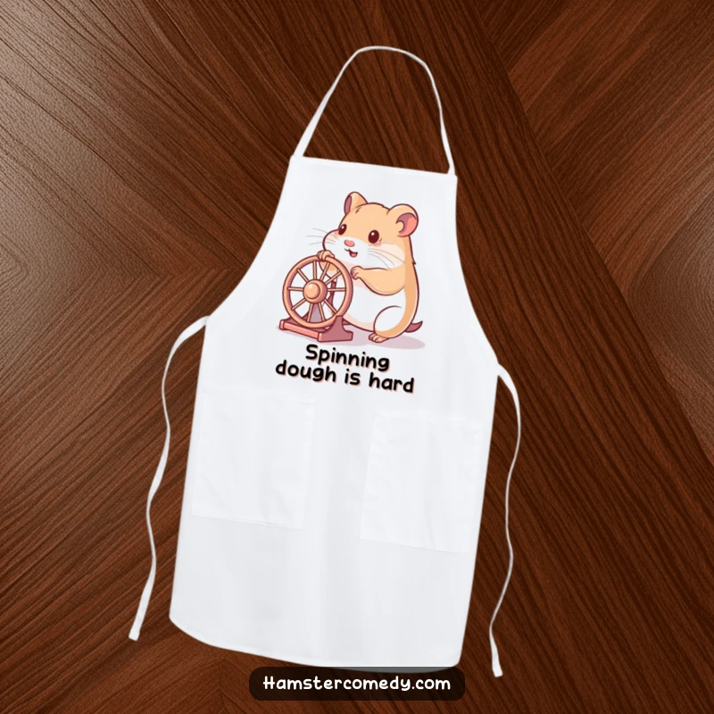 Funny hamster apron showing a hamster playfully pushing a wheel, ready for energetic kitchen adventures.