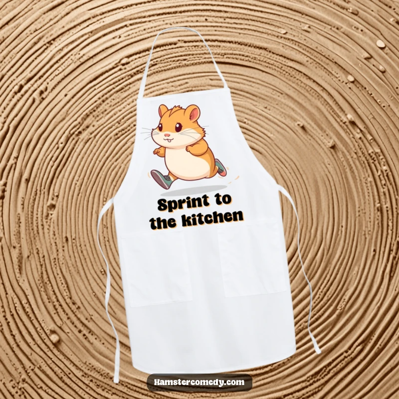 Funny hamster runner apron, wearing tiny shoes and sprinting with determination, adding humor and protection to the kitchen.