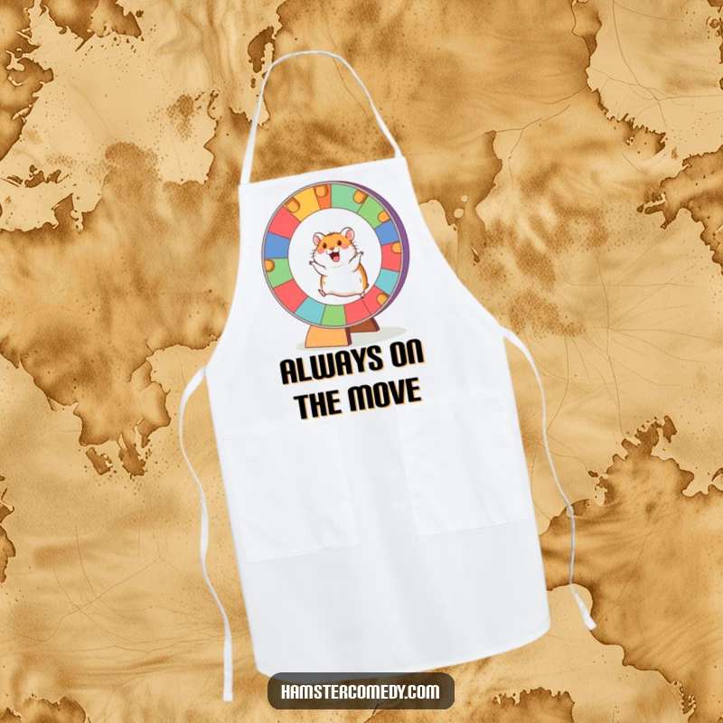 Funny Hamster Apron with an excited hamster running on a giant, colorful wheel, practical and humorous for the kitchen.