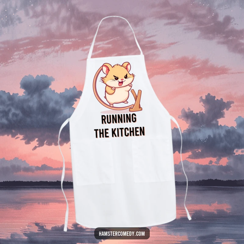 Funny hamster wheel apron showing a character running, ideal for chefs and home cooks with a determined spirit, practical gift.