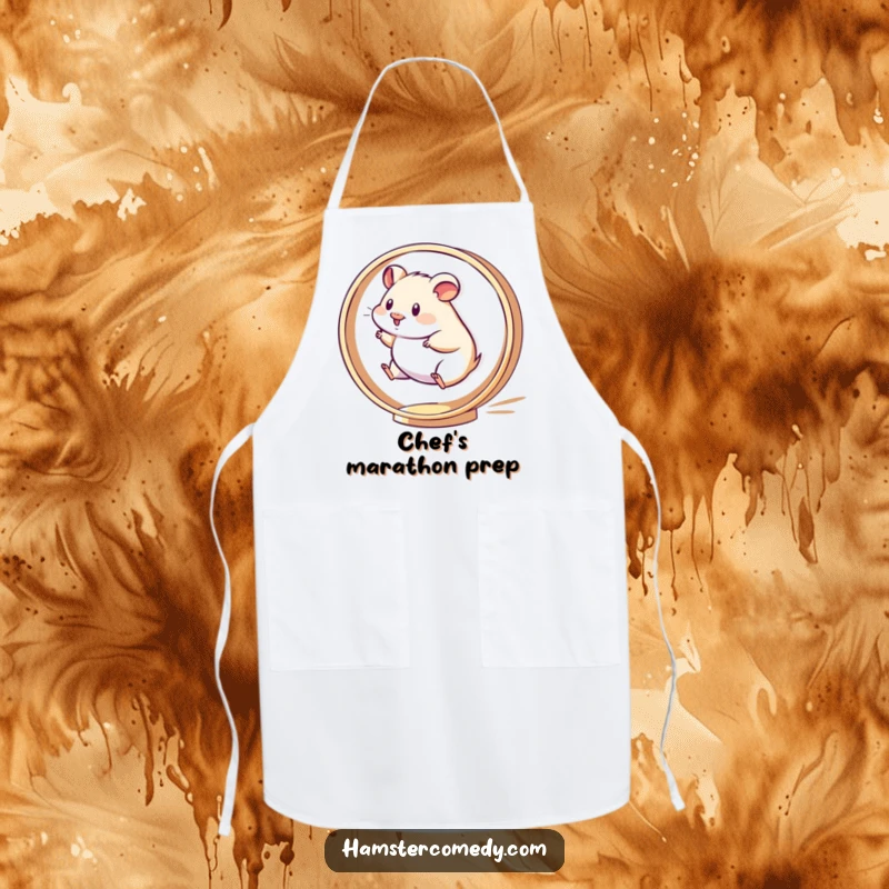 Funny Kawaii Hamster Apron with a hamster running energetically on a spinning wheel, ideal for kitchen activity.
