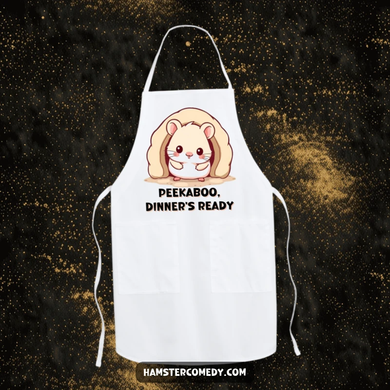 Funny Kawaii Hamster Apron showing a cute hamster peeking from a cozy burrow, ideal for kitchen fun and humorous cooking.