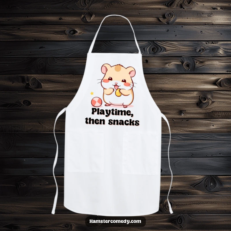 Funny Kawaii Hamster Apron showing a cute hamster playfully batting at a small toy, ideal for kitchen fun and humorous cooking.