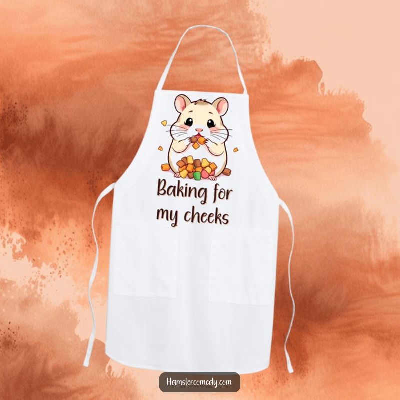 Funny apron depicting a kawaii hamster with its cheeks comically stuffed full of tasty treats.