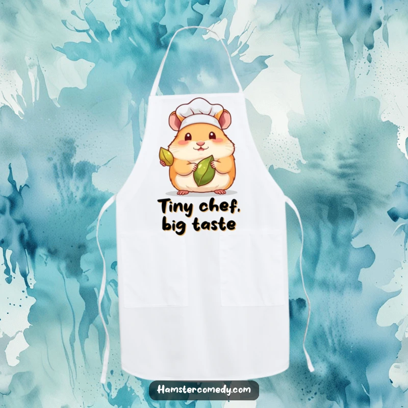 Funny apron featuring a kawaii hamster wearing a tiny chef hat, presenting a seed with culinary pride.