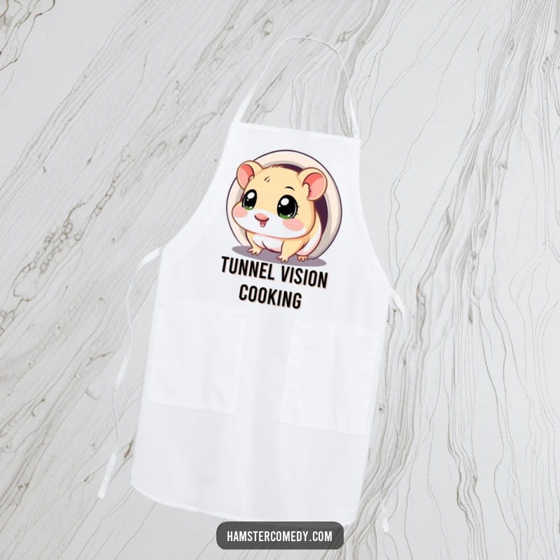 Funny apron depicting a kawaii hamster with big, curious eyes, exploring the entrance of a tunnel.
