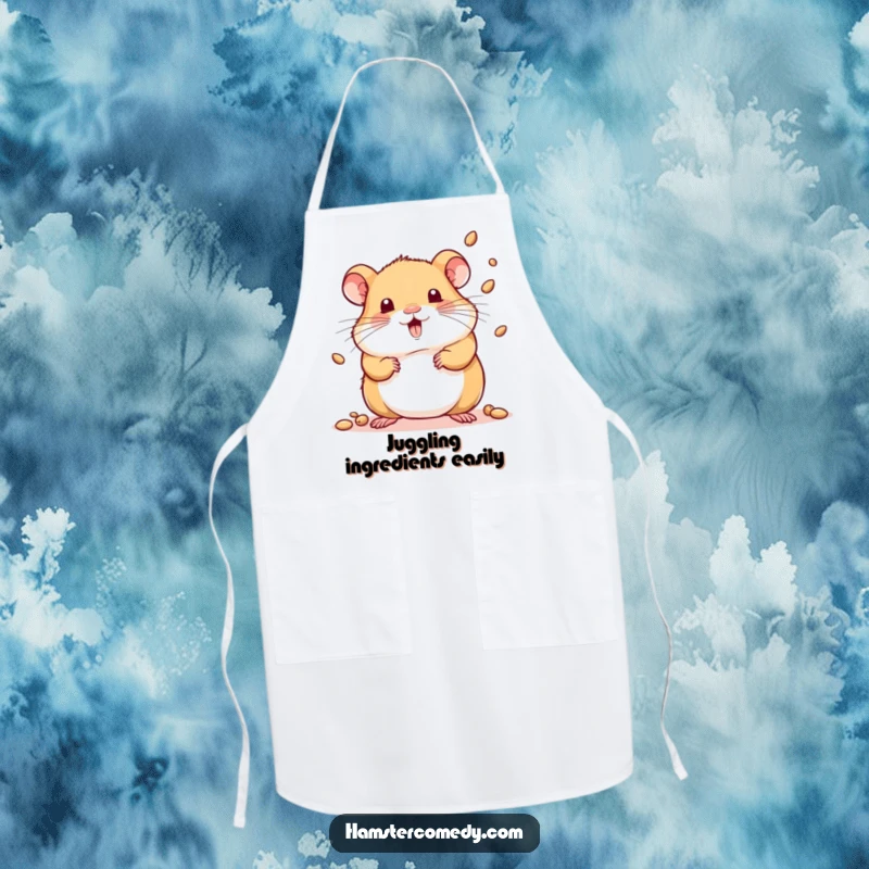 Funny apron depicting a kawaii hamster playfully juggling several tiny seeds with a cheerful expression.