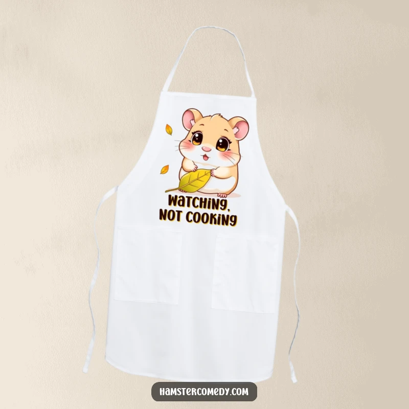 Funny Kawaii Hamster Apron: Chef hamster with curious eyes watching a falling leaf, perfect for baking and meal prep with a smile.