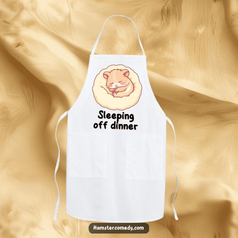 Funny hamster sleeping peacefully in bed, serene look, kitchen apron, ideal funny gift.