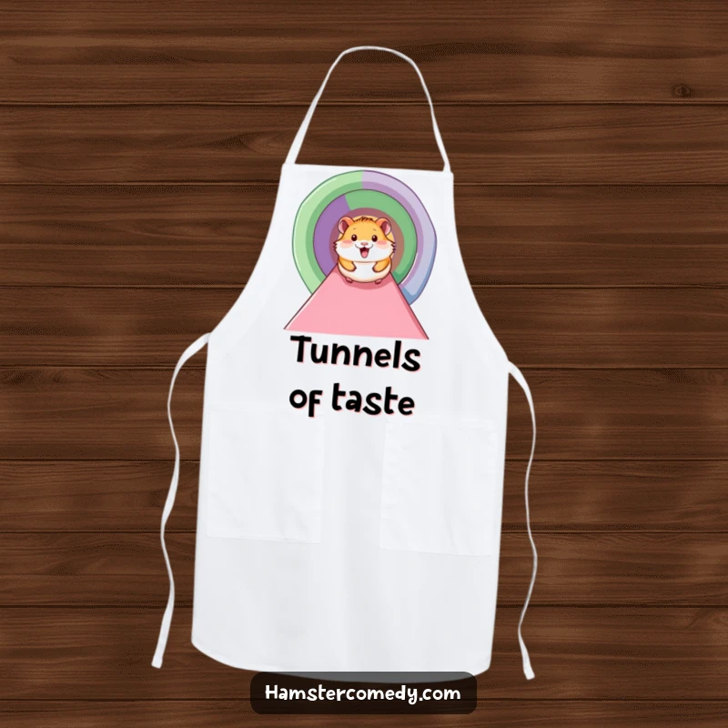 Funny hamster apron with a smiling hamster joyfully sliding down a colorful tunnel, perfect for a fun and clean kitchen.