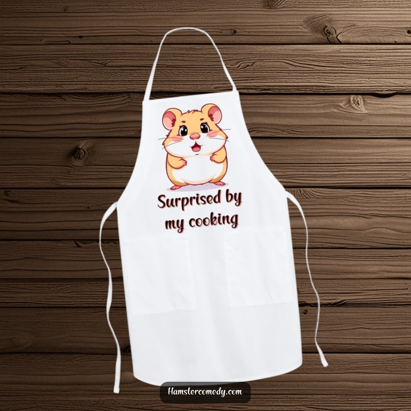 Funny surprised hamster apron showing a hamster mid-scurry with a shocked face, ready for playful kitchen mishaps.