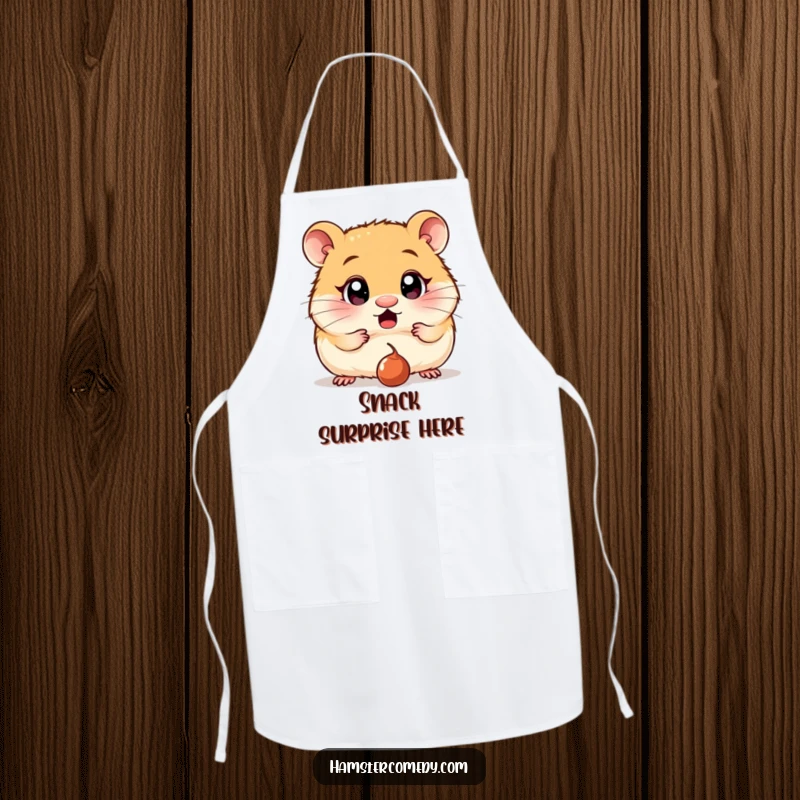 Funny Apron: A hamster with wide, surprised eyes is captivated by a dropped raisin, a hilarious reaction for any kitchen.