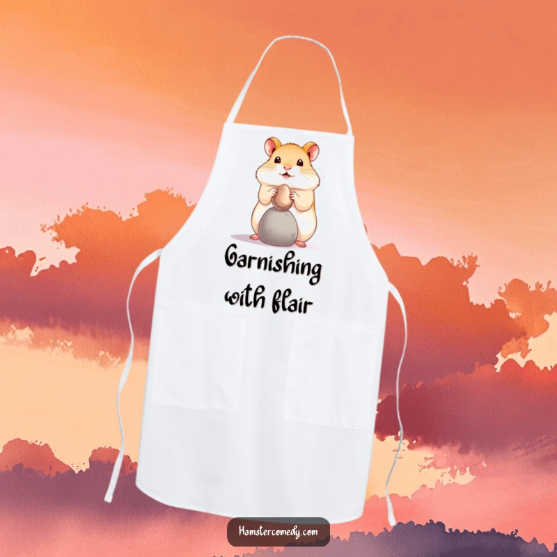 Funny hamster pebble balance apron, featuring a tiny hamster balancing a shiny pebble. Funny kitchen gift.