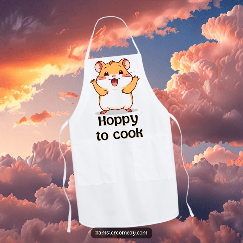 Funny Kawaii Hamster Apron showing a cute hamster doing a silly hop with excitement, ideal for kitchen fun and humorous cooking.