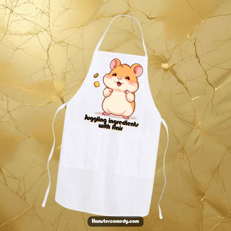 Funny Apron showing a kawaii hamster juggling a tiny treat, adding skill and humor to cooking.