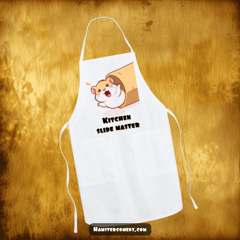 Funny Hamster Apron: A hamster comically sliding down a cardboard tube with a surprised yelp, bringing hilarious action to kitchen wear.