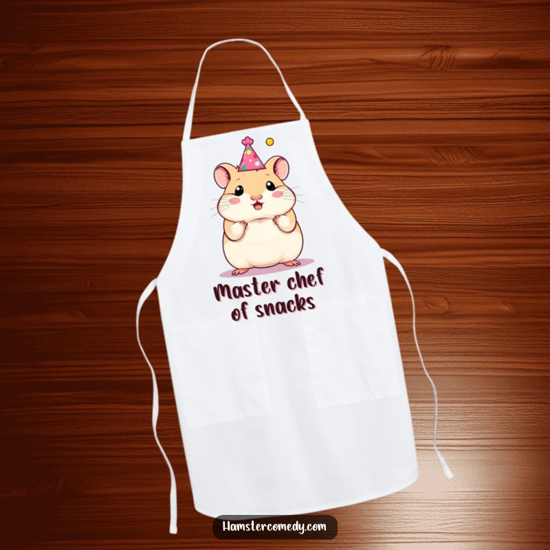 Funny hamster wearing a party hat, ready to cook on an apron, ideal for kitchen celebrations and as a funny gift.