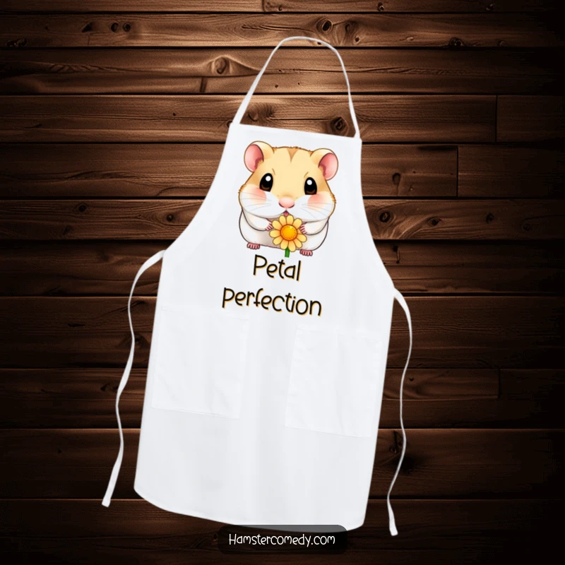 Funny hamster apron with a wide-eyed hamster curiously sniffing a pretty flower, adding charming humor to kitchen duties.
