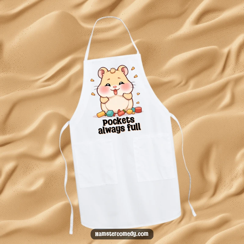 Funny Hamster Apron with full cheeks comically hoarding items, practical for kitchen use and humorous.