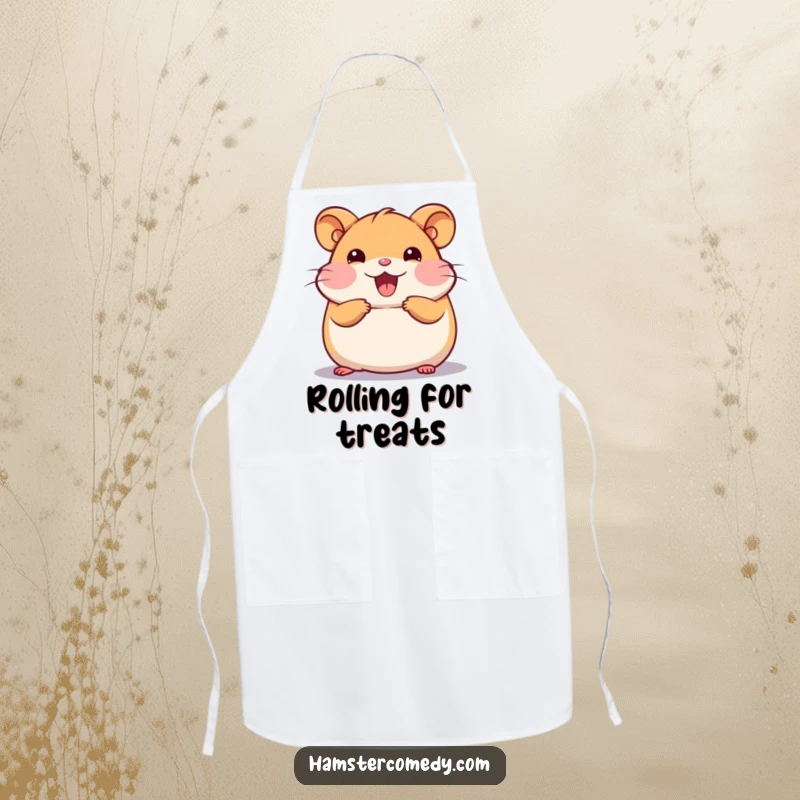 Funny Kawaii Hamster Apron showing a cute hamster doing a happy roll, for joyful and fun cooking sessions.