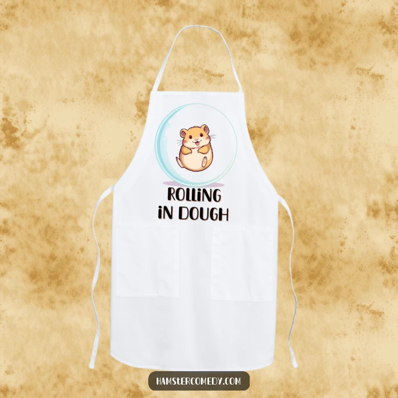 Funny hamster rolling inside a clear ball, wearing an apron, ready for kitchen fun, great gift.