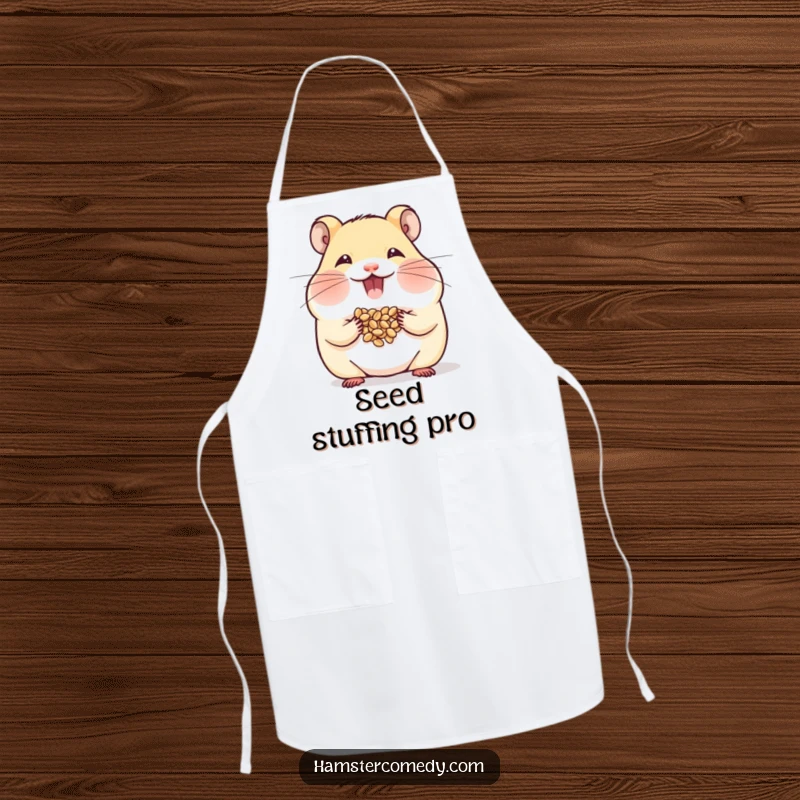 Funny Hamster Apron showing a hamster stuffing its cheeks with seeds, perfect for humorous snack sessions.