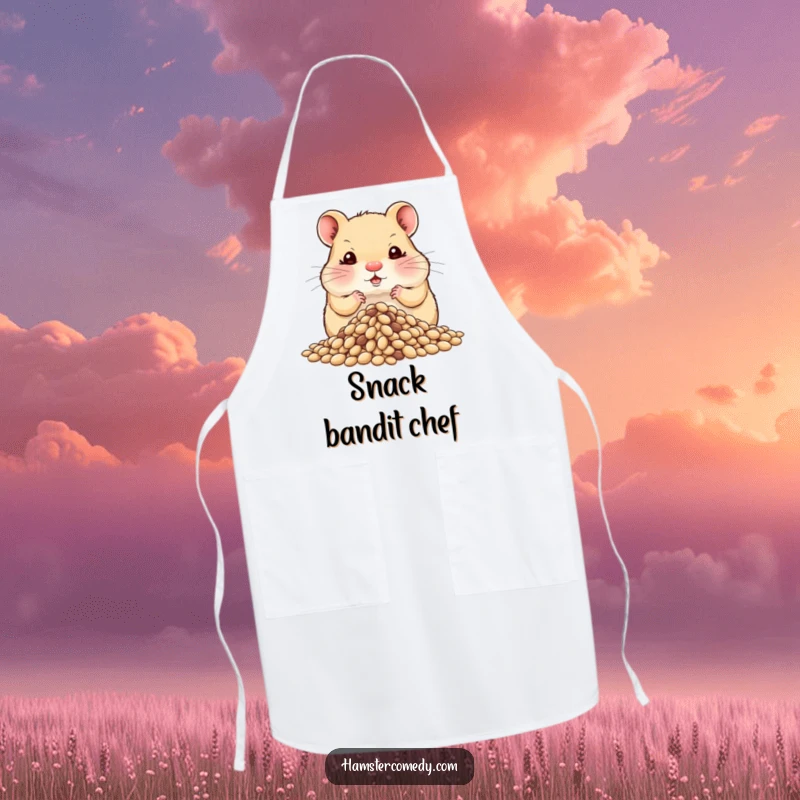 Funny hamster apron, cheeks comically puffed, hoarding seeds, adding humor and protection to the kitchen.
