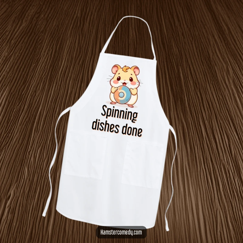 Funny Apron showing a surprised kawaii hamster with wide eyes looking at a spinning object while cooking.