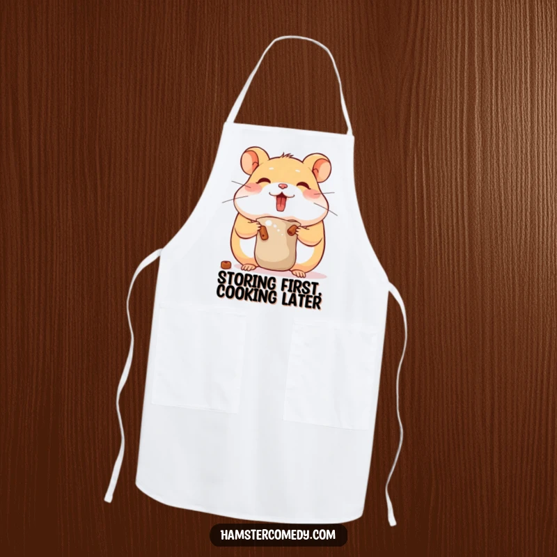 Funny hamster hoarding apron showing a character stuffing cheeks, ideal for chefs and home cooks with a big appetite, practical gift.