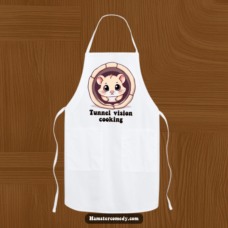 Funny kawaii hamster apron showing a cute hamster with big, curious eyes exploring a tunnel, ready for kitchen tasks.