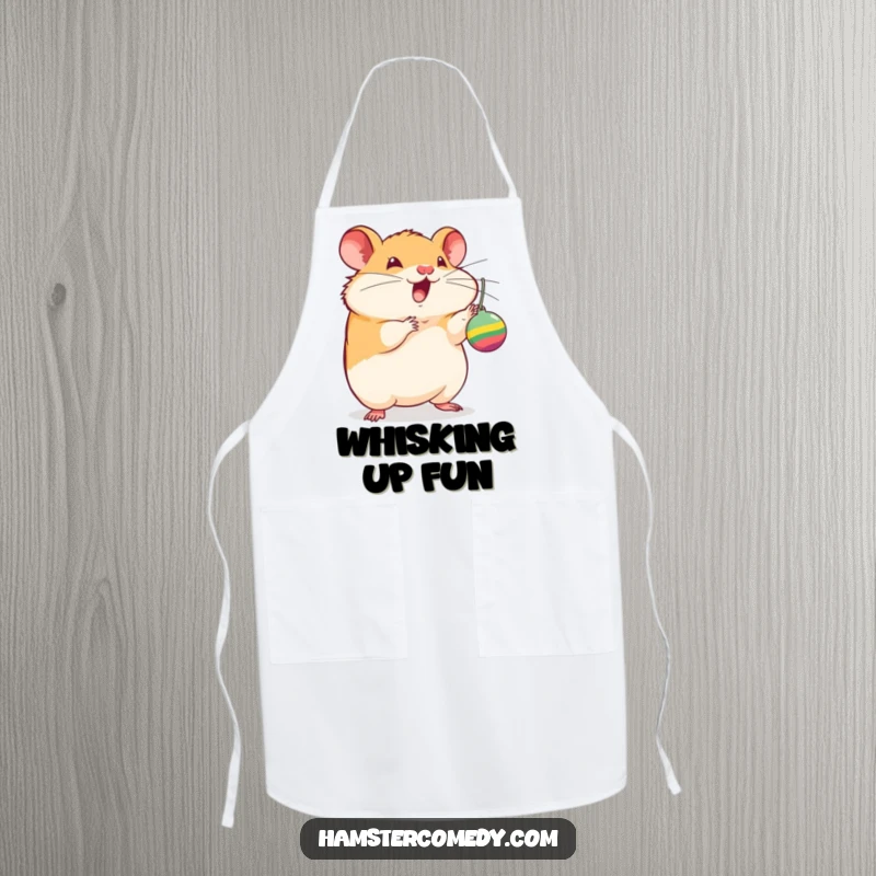 Funny hamster apron, batting at a dangling toy with excitement, ideal for cooking and baking, a practical and humorous gift.