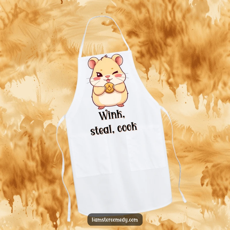 Funny Kawaii Hamster Apron showing a cute hamster with a mischievous wink and holding a button, for humorous cooking.