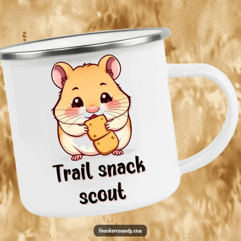 Sturdy camping mug featuring a funny hamster with a twitching nose, smelling a treat, designed for outdoor enjoyment.