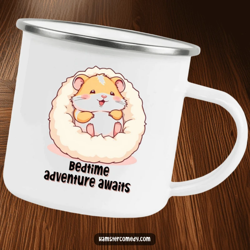 Funny camping mug featuring a hamster joyfully rolling in its bed, ready for outdoor escapades with a smile.