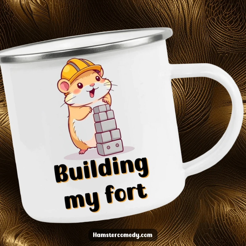 Funny hamster wearing a construction helmet, holding a camping mug, ready for adventure, ideal gift.